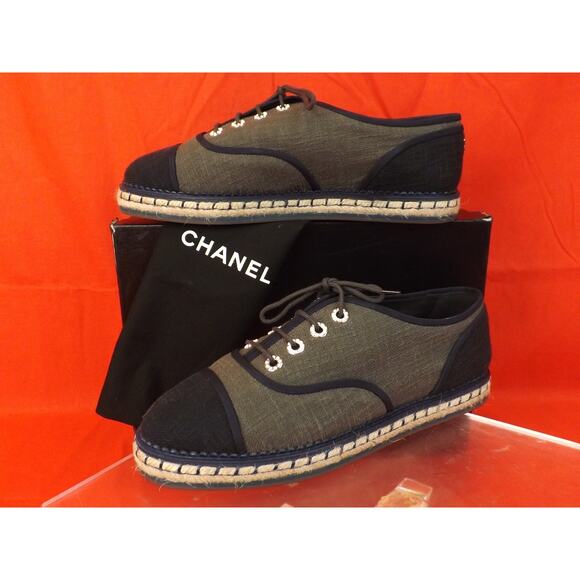 NIB CHANEL G31345 GREEN BLACK CANVAS PEARLS CC ESPADRILLE OXFORDS FLAT 39 - Picture 3 of 12